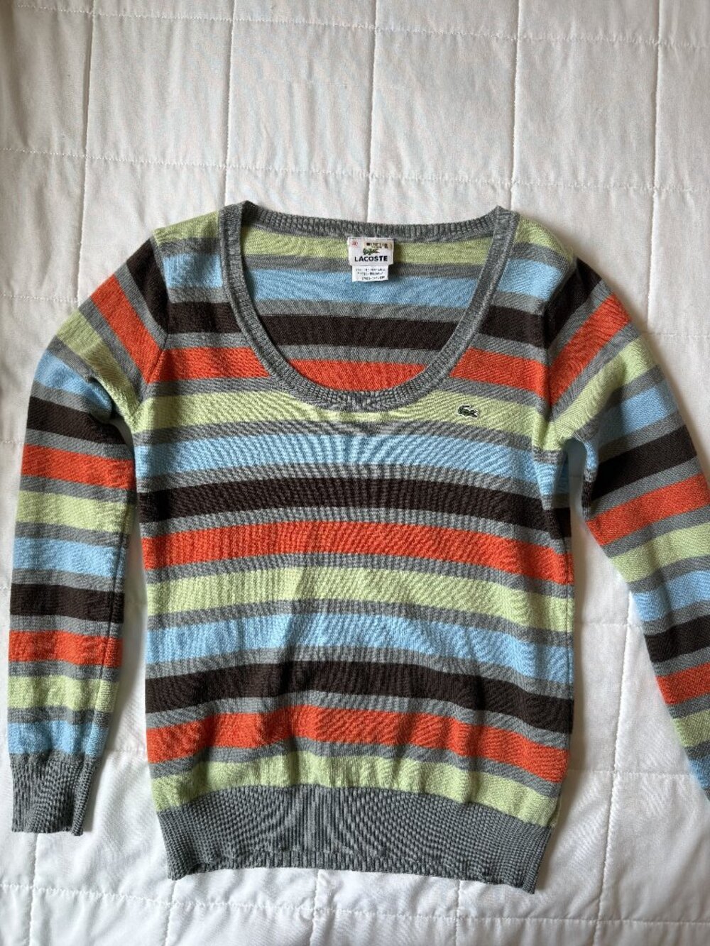Vintage 90s Lacoste 100% Wool Multicolor Stripe Sweater Size 40 Made in France